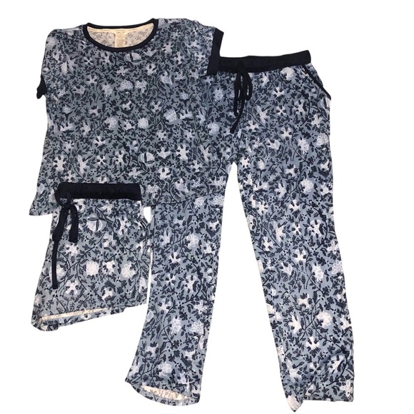 Lucky Brand Sz M 3Piece Pajama Set Soft Cozy Printed Blue Abstract Floral Boho - Picture 2 of 7
